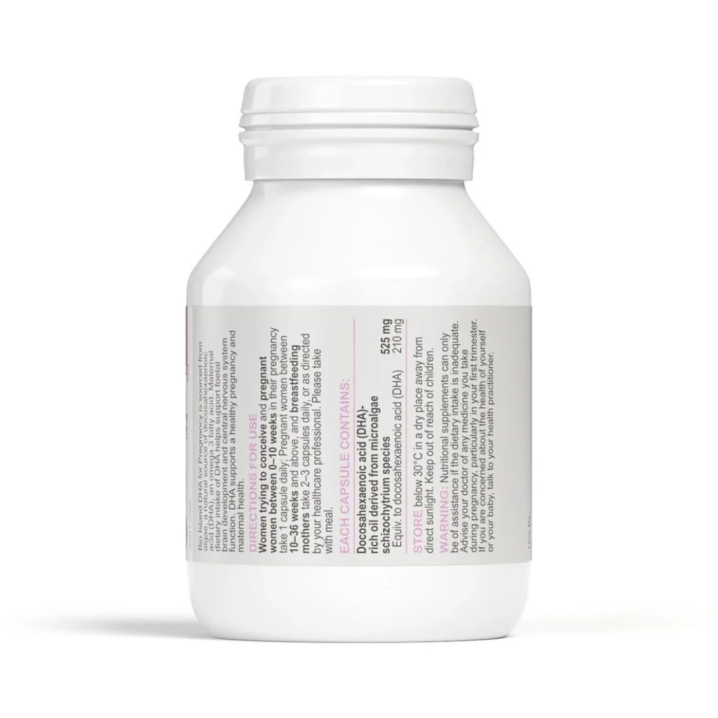Bio Island 孕期海藻油 DHA 210毫克60粒包裝背面及成分與使用標籤