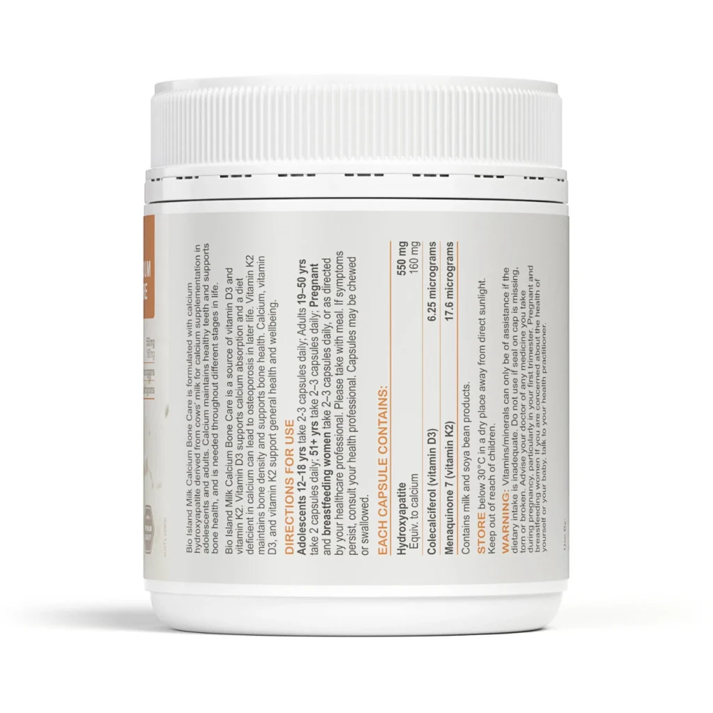 Bio Island 成人乳鈣及維他命D3 K2 150粒包裝背面及成分與使用標籤