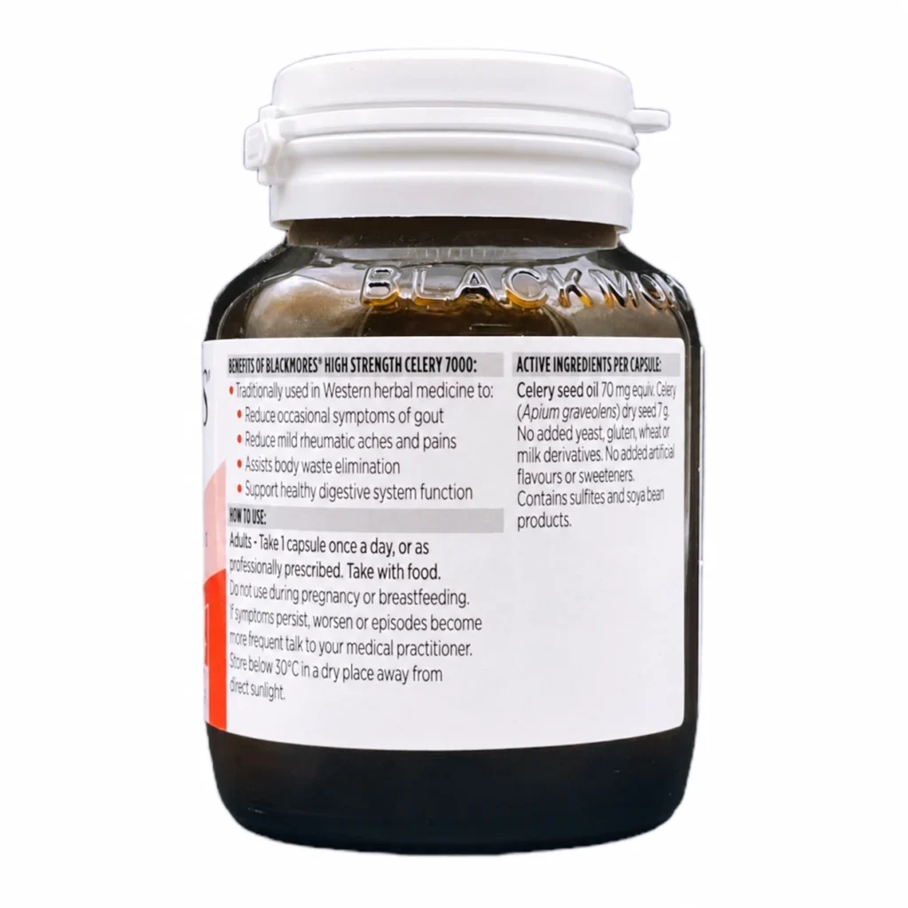 Blackmores 澳佳寶高濃度芹菜籽7000 40粒包裝背面及 Supplement Facts 成分標籤