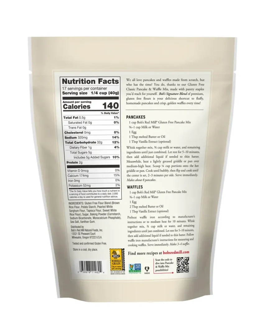 Bob’s Red Mill 無麩質經典班戟及窩夫預拌粉680g背面成分營養及烹調標籤