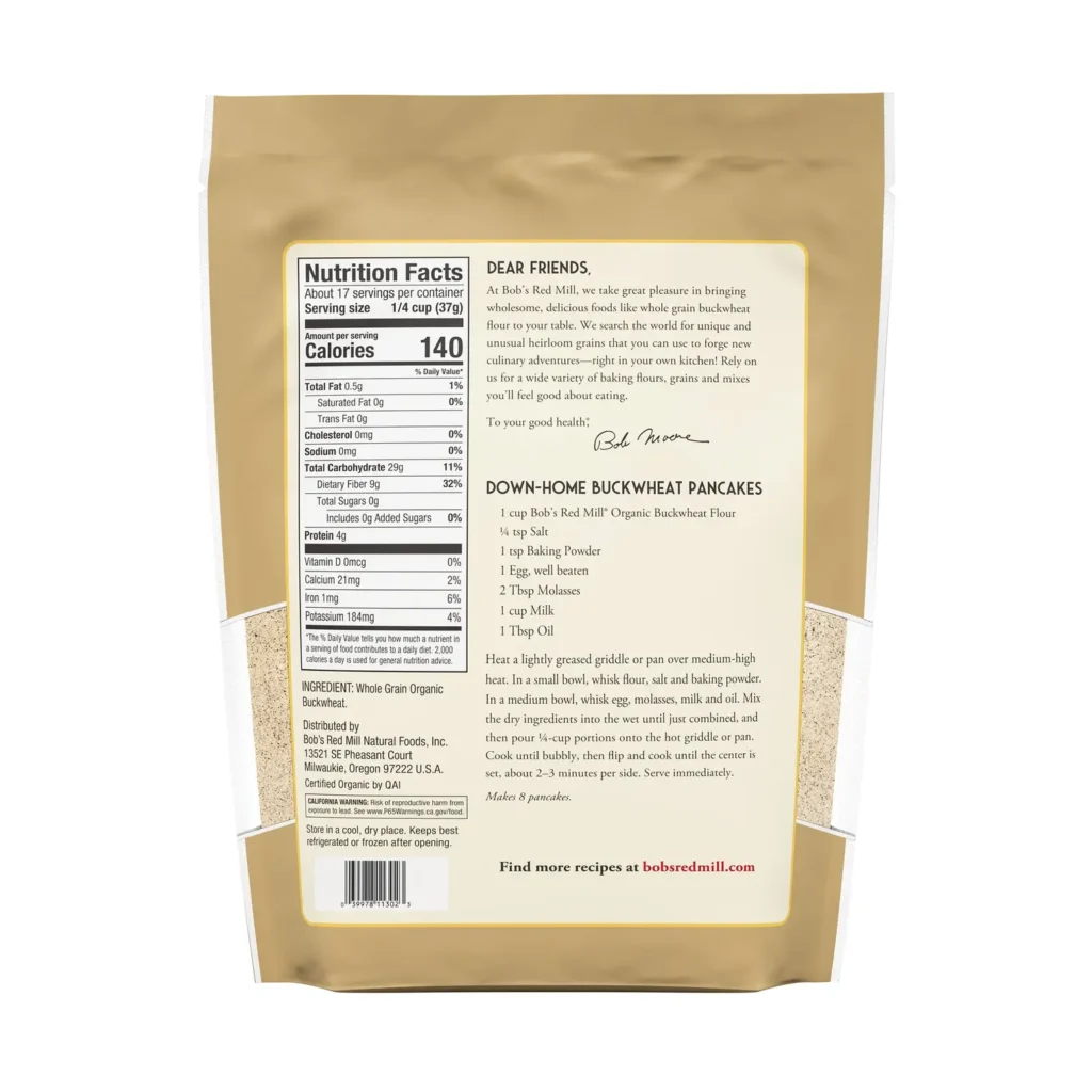 Bob’s Red Mill 有機蕎麥粉 624g 背面成分、營養、用法及保存標籤