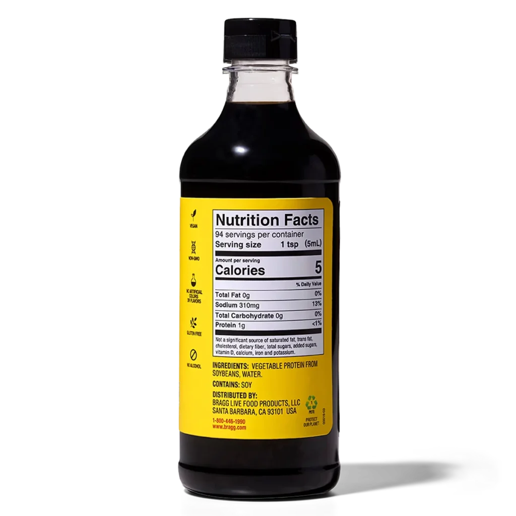 Bragg Liquid Aminos 大豆液體調味料 473ml包裝背面，顯示成分及營養標籤