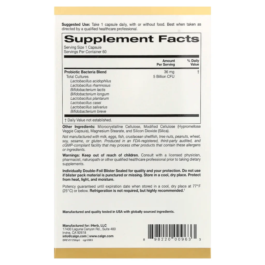 California Gold Nutrition LactoBif 5 益生菌50億 60粒素食膠囊包裝背面及成分與使用標籤