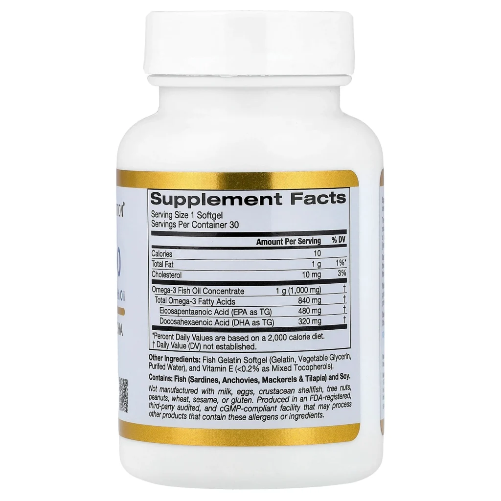 California Gold Nutrition Omega 800 濃縮魚油30粒包裝背面及成分與使用標籤