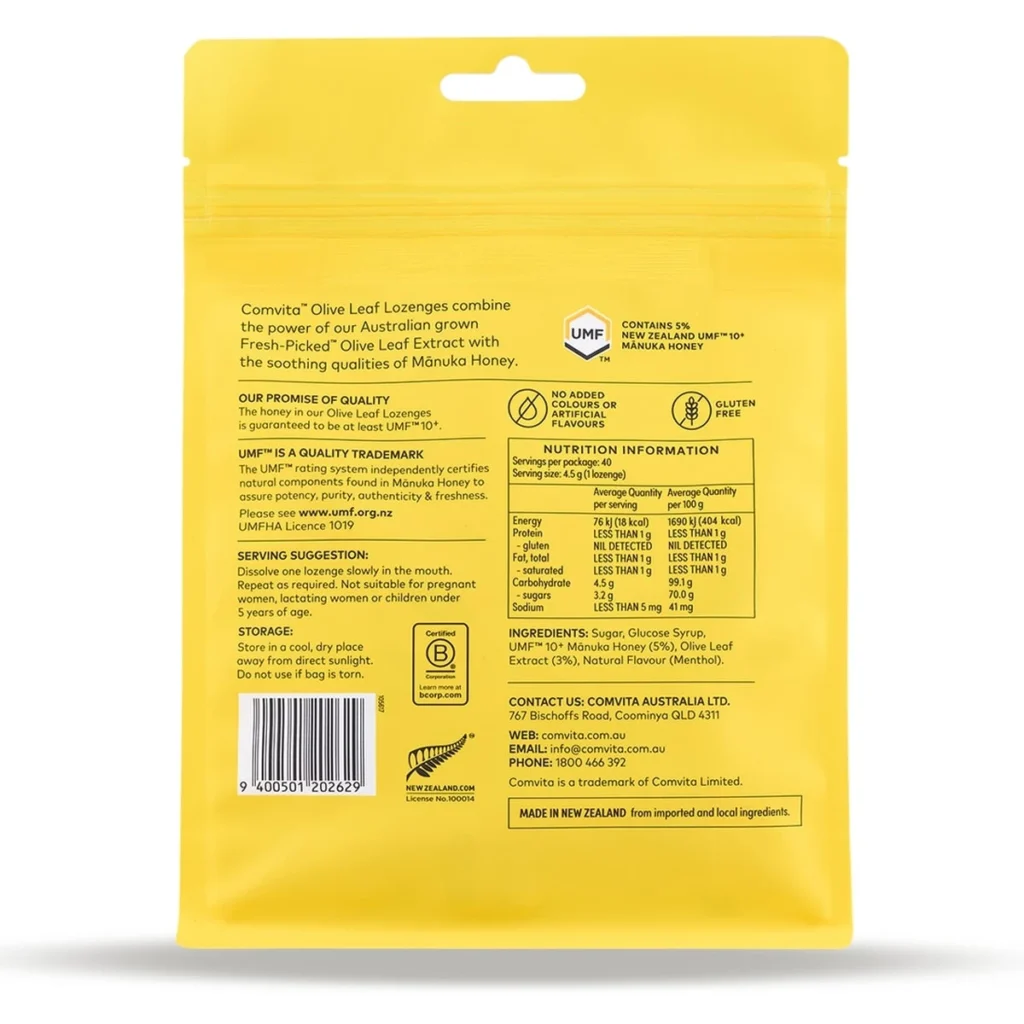 Comvita 康維他橄欖葉精華麥蘆卡蜂蜜潤喉糖40粒 背面成分與使用標籤（海外包裝參考）