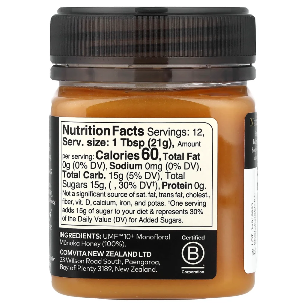 Comvita UMF10+ MGO263+ 麥蘆卡蜂蜜 250g 背面成分、營養及注意事項標籤