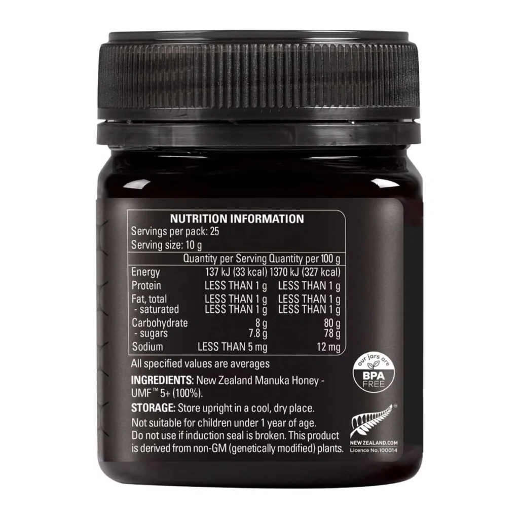 Comvita 康維他 UMF5+ 麥蘆卡蜂蜜250g香港版背面成分及保存標籤
