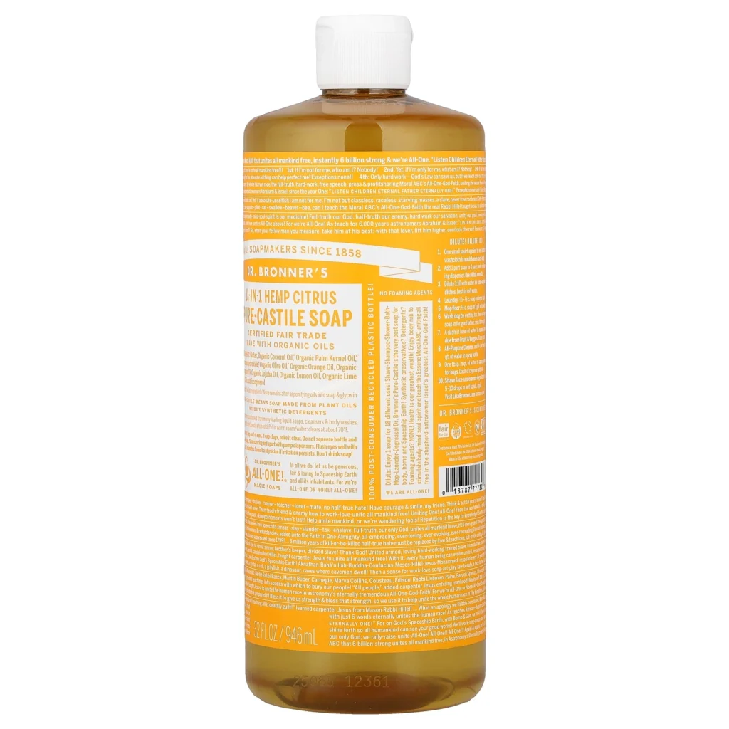 Dr. Bronner’s 柑橘純植物潔膚液946ml同組舊版包裝背面稀釋用法及注意標籤