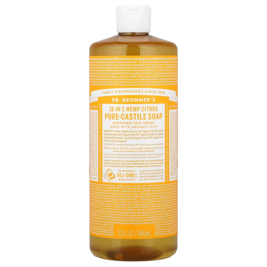 Dr. Bronner’s 柑橘純植物潔膚液946ml完整瓶身正面，同組舊版HEMP包裝