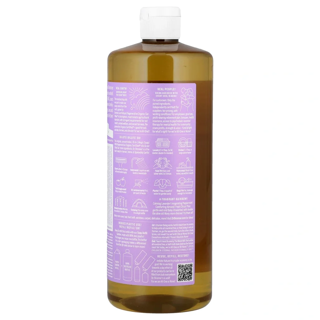 Dr. Bronner’s 薰衣草皂液 946ml 背面使用與注意事項標籤