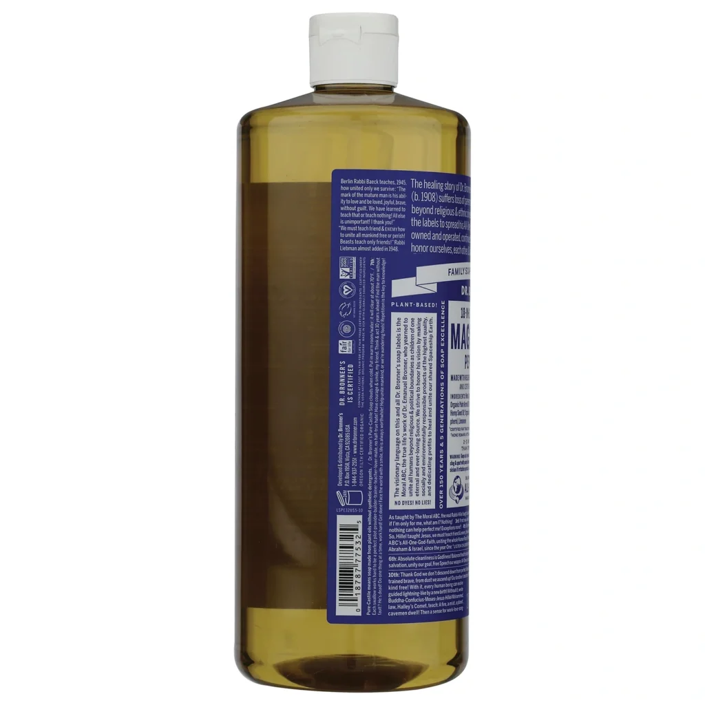 Dr. Bronner’s 薄荷純卡斯提爾液體皂946ml左側背面，顯示條碼、認證及保存標示
