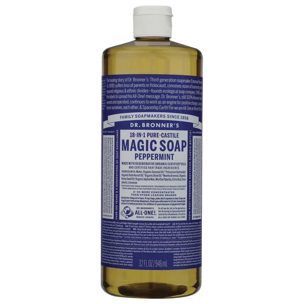 Dr. Bronner’s 薄荷純卡斯提爾液體皂946ml包裝正面，顯示完整成分、注意事項及容量