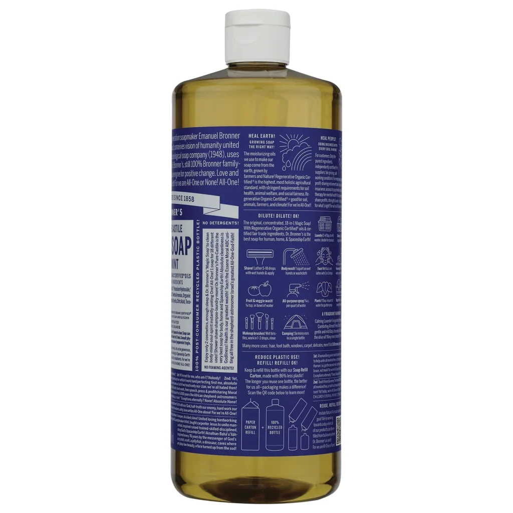 Dr. Bronner’s 薄荷純卡斯提爾液體皂946ml右側背面，顯示用途與稀釋指示