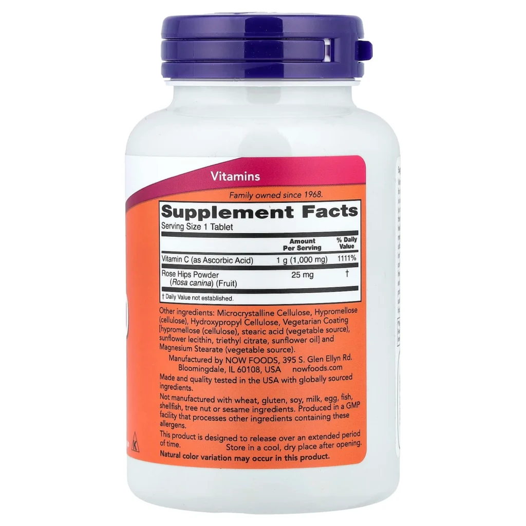 NOW Foods C-1000 100片背面標籤：每片維他命C1000毫克、玫瑰果粉25毫克、其他成分及保存方式