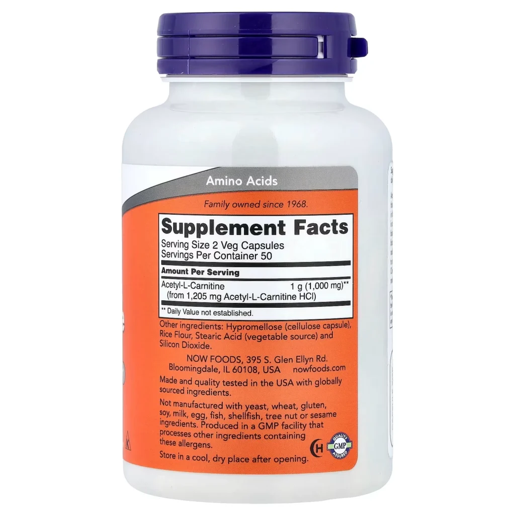 NOW Foods 乙醯左旋肉鹼500毫克 100粒素食膠囊包裝背面及 Supplement Facts 成分標籤
