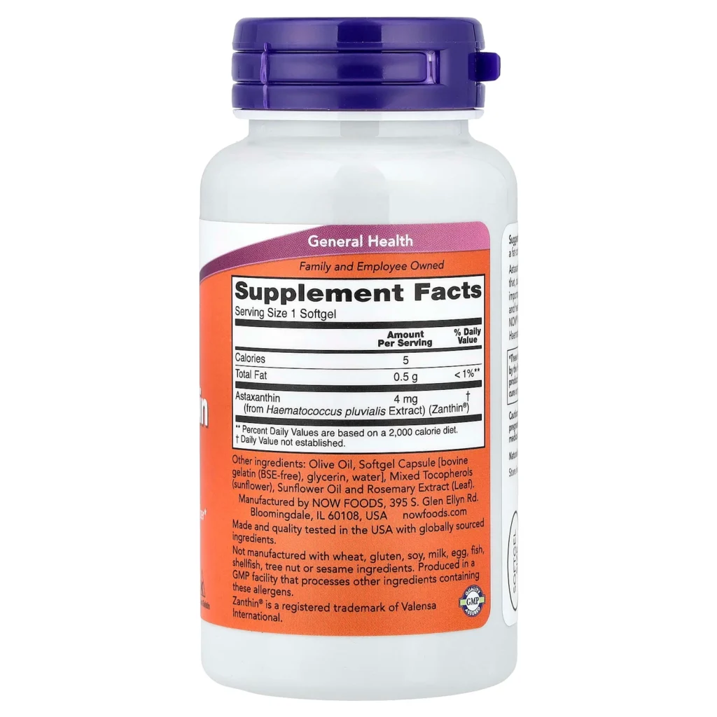 NOW Foods 蝦青素4毫克 90粒軟膠囊 背面成分及營養標籤