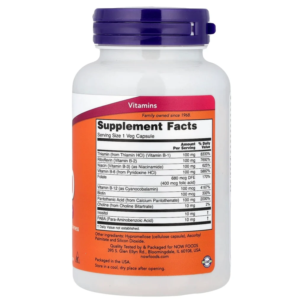 NOW Foods B-100 綜合維他命B 100粒素食膠囊包裝背面及成分與使用標籤
