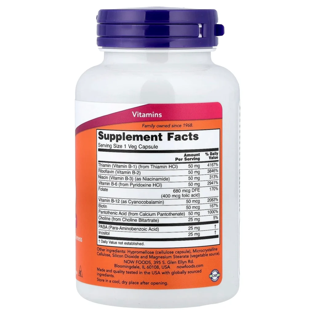 NOW Foods B-50 綜合維他命B 100粒素食膠囊 背面成分與使用標籤