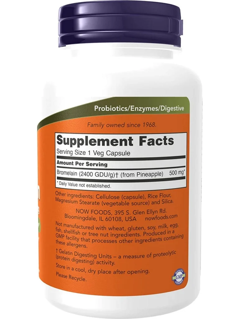 NOW Foods 菠蘿蛋白酶500毫克120粒素食膠囊包裝背面及成分與使用標籤