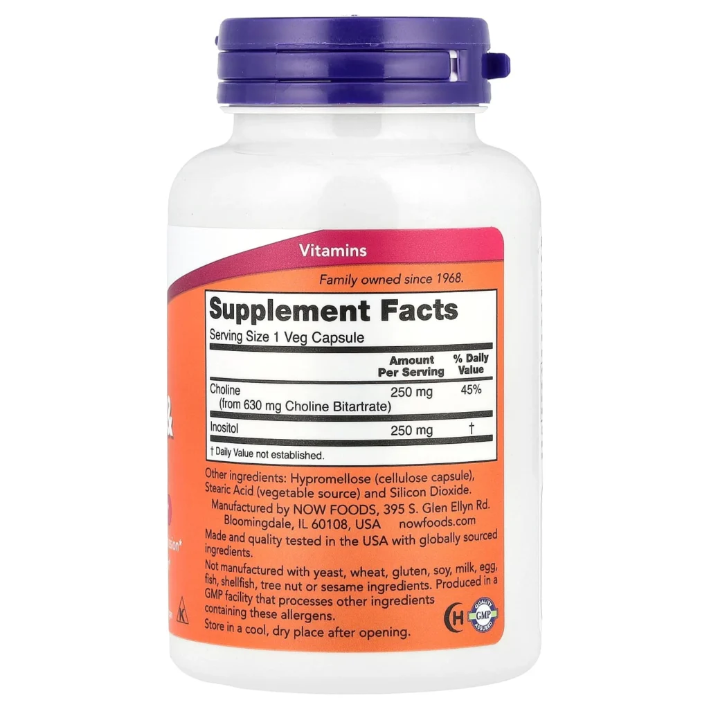 NOW Foods 膽鹼250毫克＋肌醇250毫克100粒素食膠囊包裝背面及成分標籤