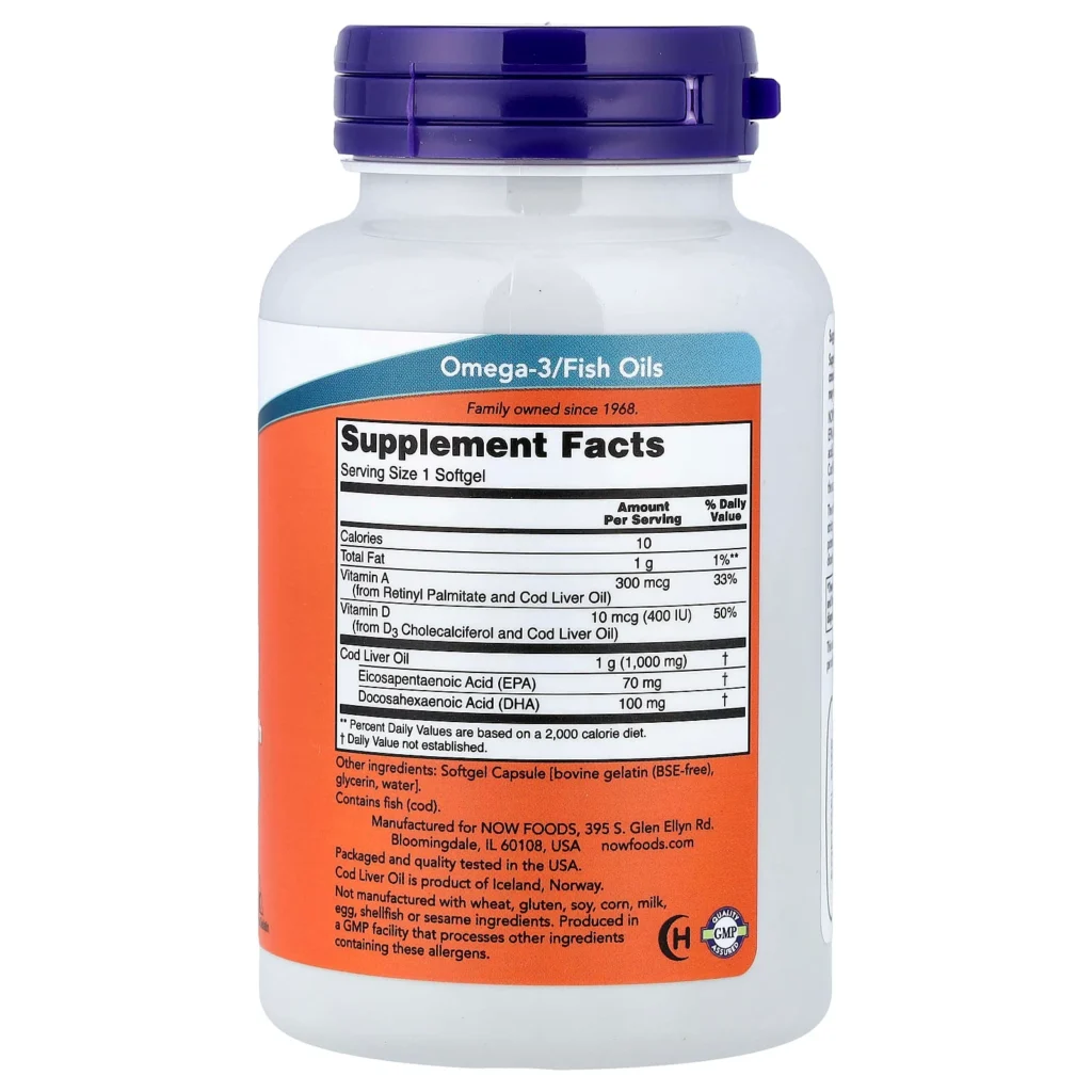 NOW Foods 特強鱈魚肝油1000毫克90粒包裝背面及成分與使用標籤