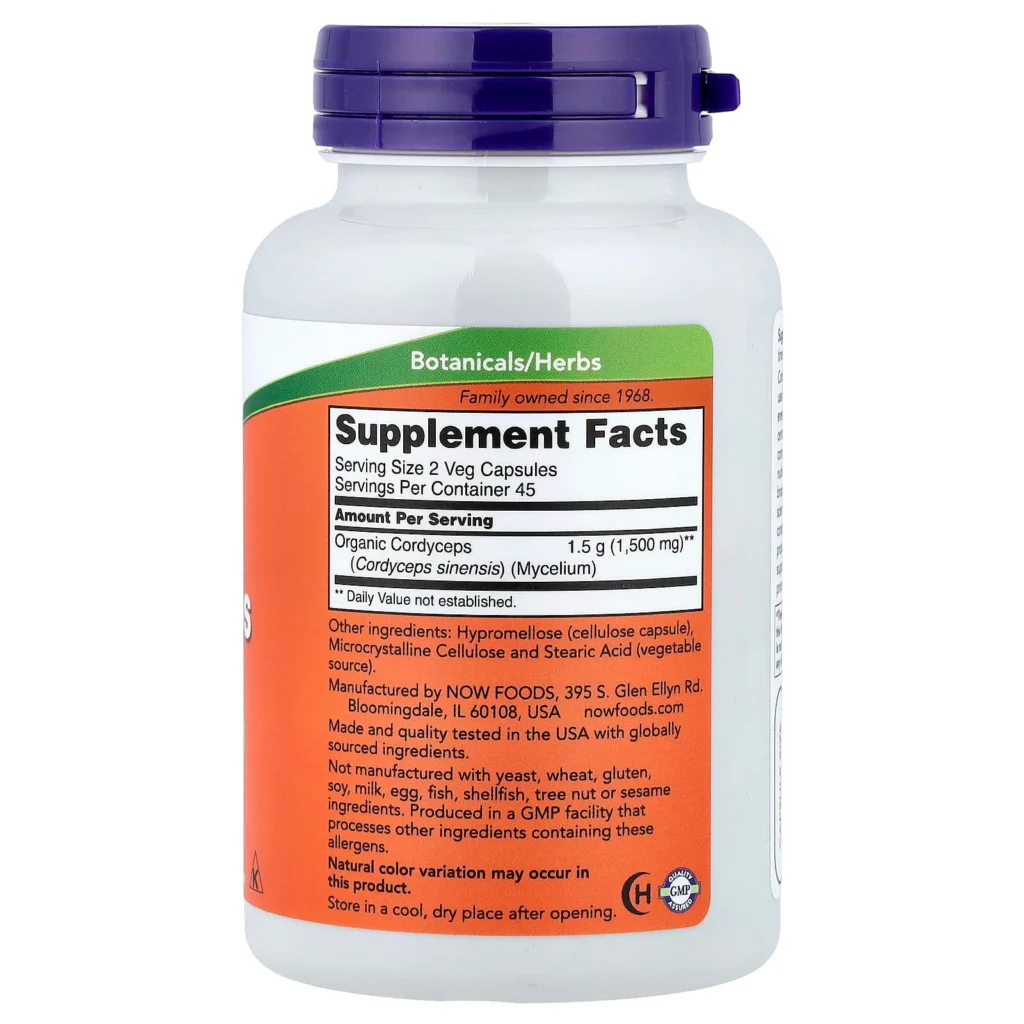 NOW Foods 蟲草菌絲體750毫克90粒素食膠囊包裝背面及 Supplement Facts 成分標籤