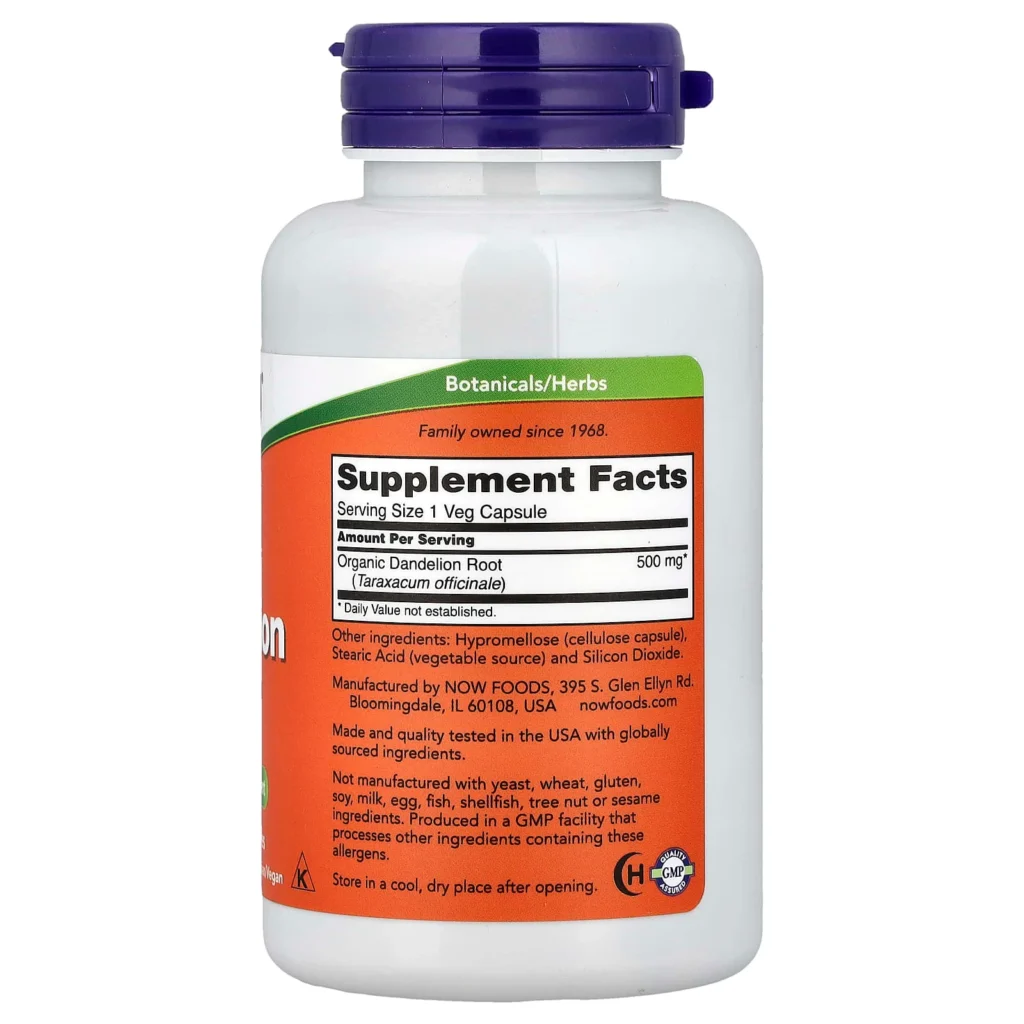 NOW Foods 蒲公英根500毫克100粒素食膠囊包裝背面及成分標籤
