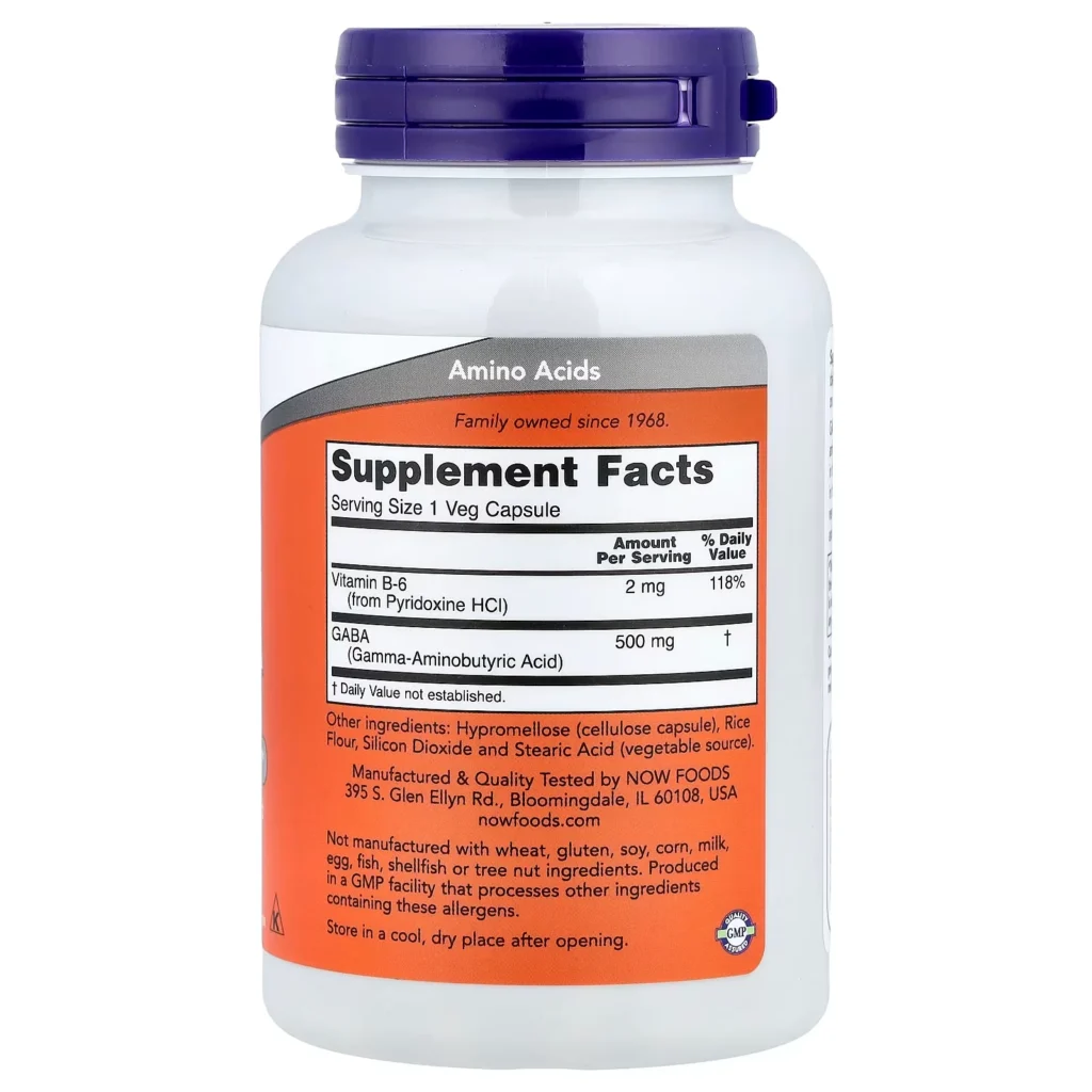 NOW Foods GABA500毫克＋維他命B6 100粒素食膠囊包裝背面及 Supplement Facts 成分標籤