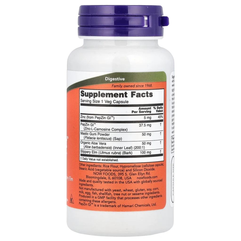 NOW Foods Gastro Comfort 胃部保健配方 60粒素食膠囊包裝背面及成分與使用標籤