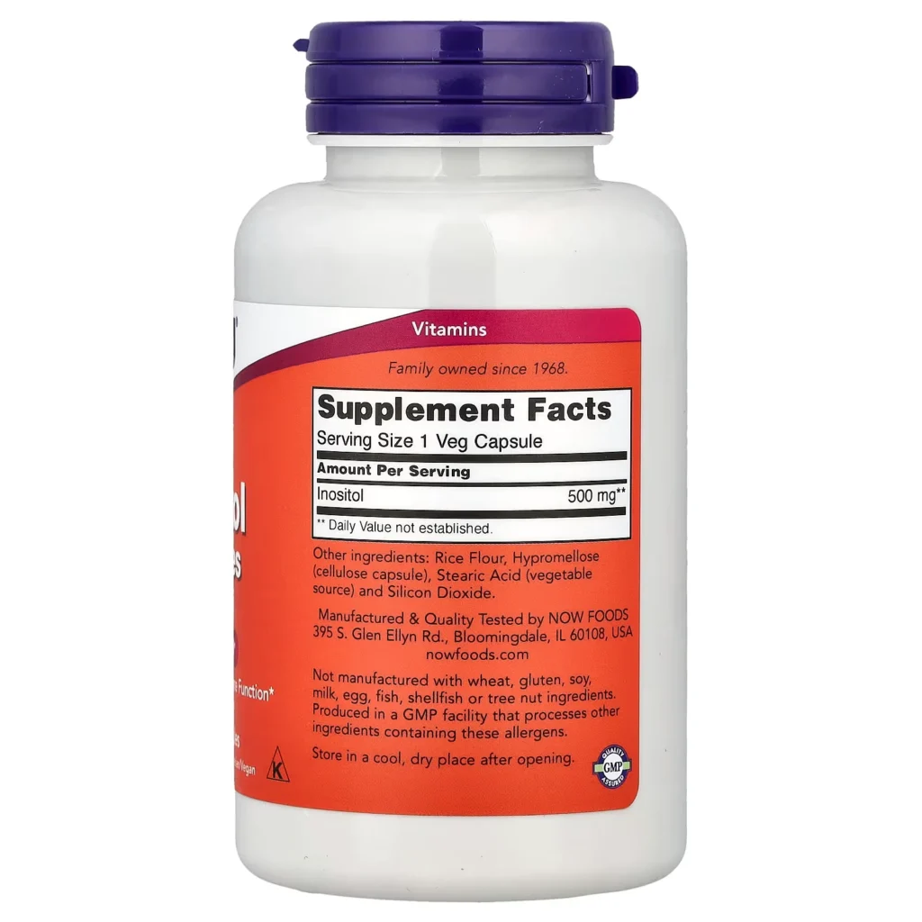 NOW Foods 肌醇500毫克 100粒素食膠囊包裝背面及 Supplement Facts 成分標籤