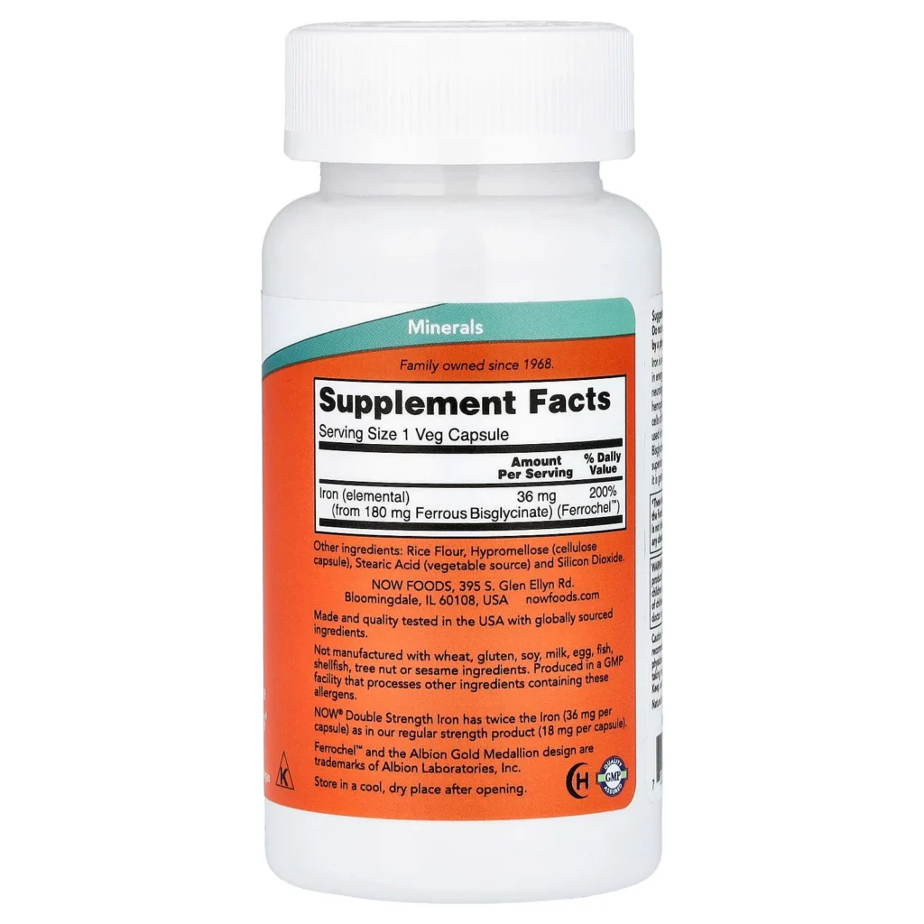 NOW Foods 鐵36毫克90粒素食膠囊包裝背面及 Supplement Facts 成分標籤
