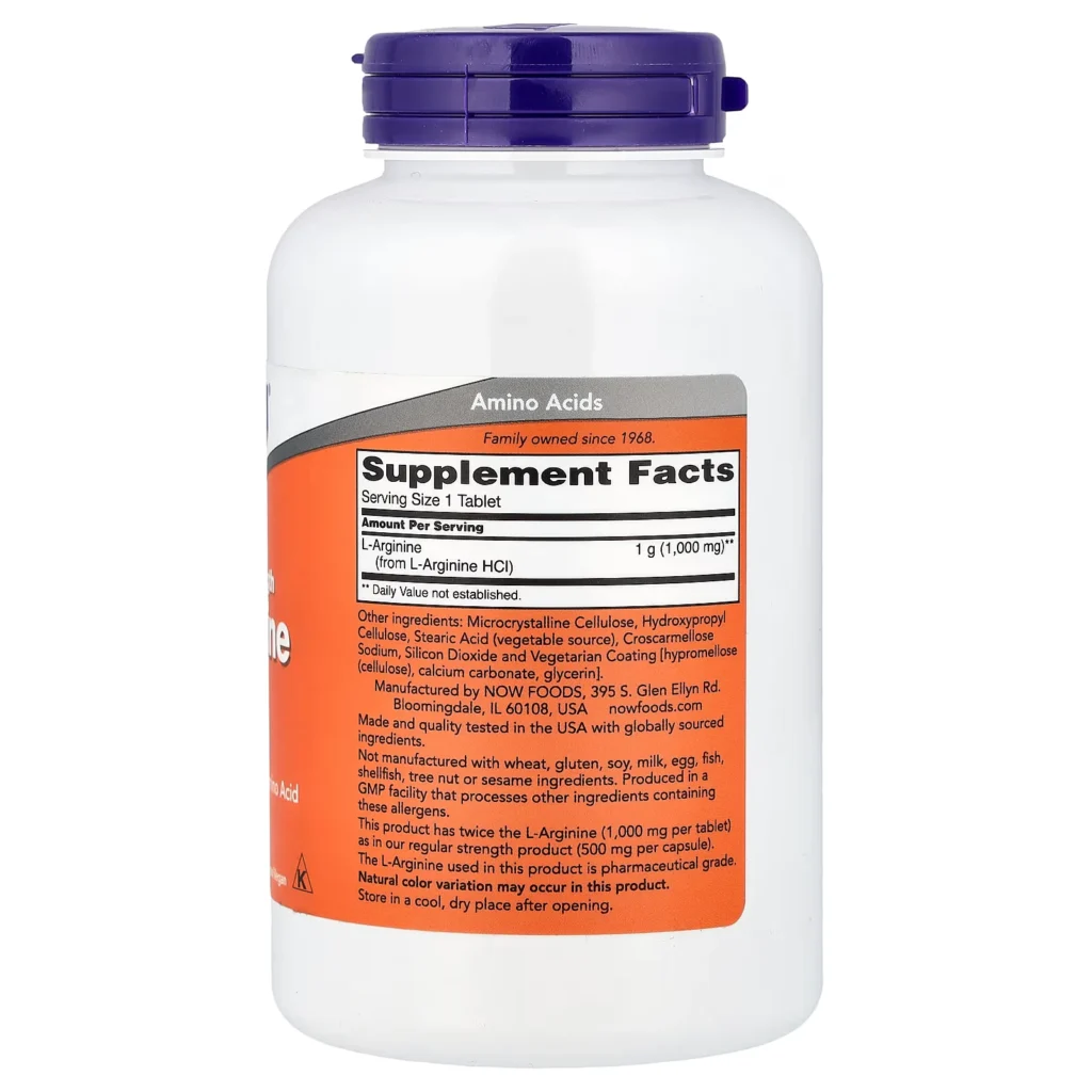 NOW Foods L-精氨酸1000毫克 120片包裝背面及 Supplement Facts 成分標籤