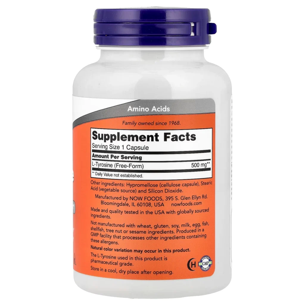 NOW Foods L-酪胺酸500毫克 120粒膠囊包裝背面及 Supplement Facts 成分標籤