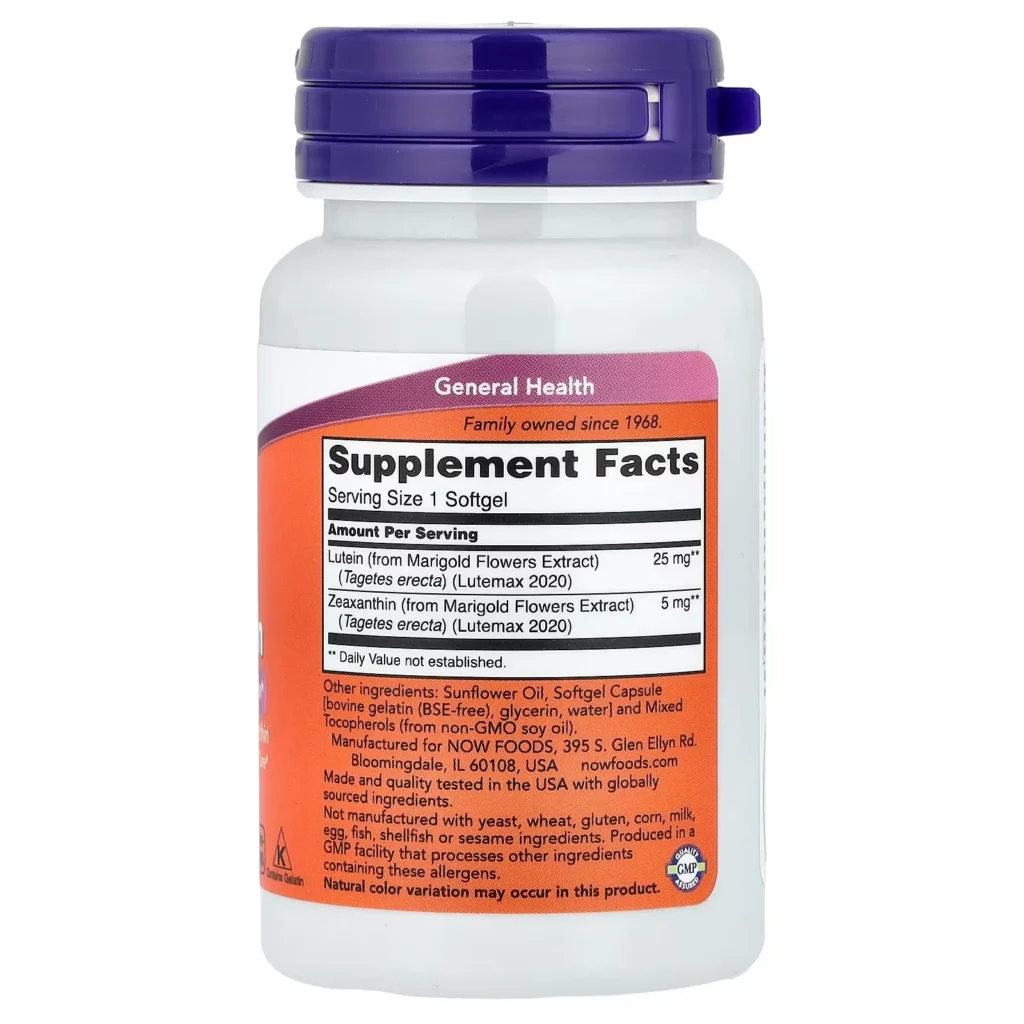 NOW Foods 葉黃素25毫克及玉米黃質5毫克 60粒軟膠囊 背面成分及營養標籤