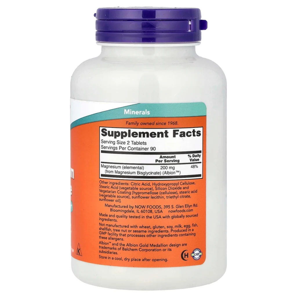 NOW Foods 甘氨酸鎂100毫克180片包裝背面及成分與使用標籤