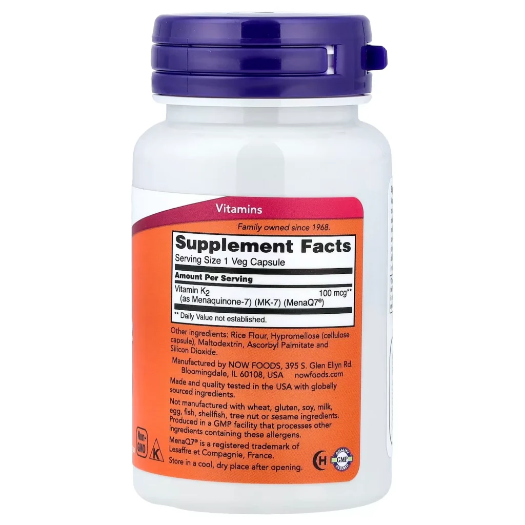 NOW Foods MK-7維他命K2 100微克60粒素食膠囊包裝背面及 Supplement Facts 成分標籤