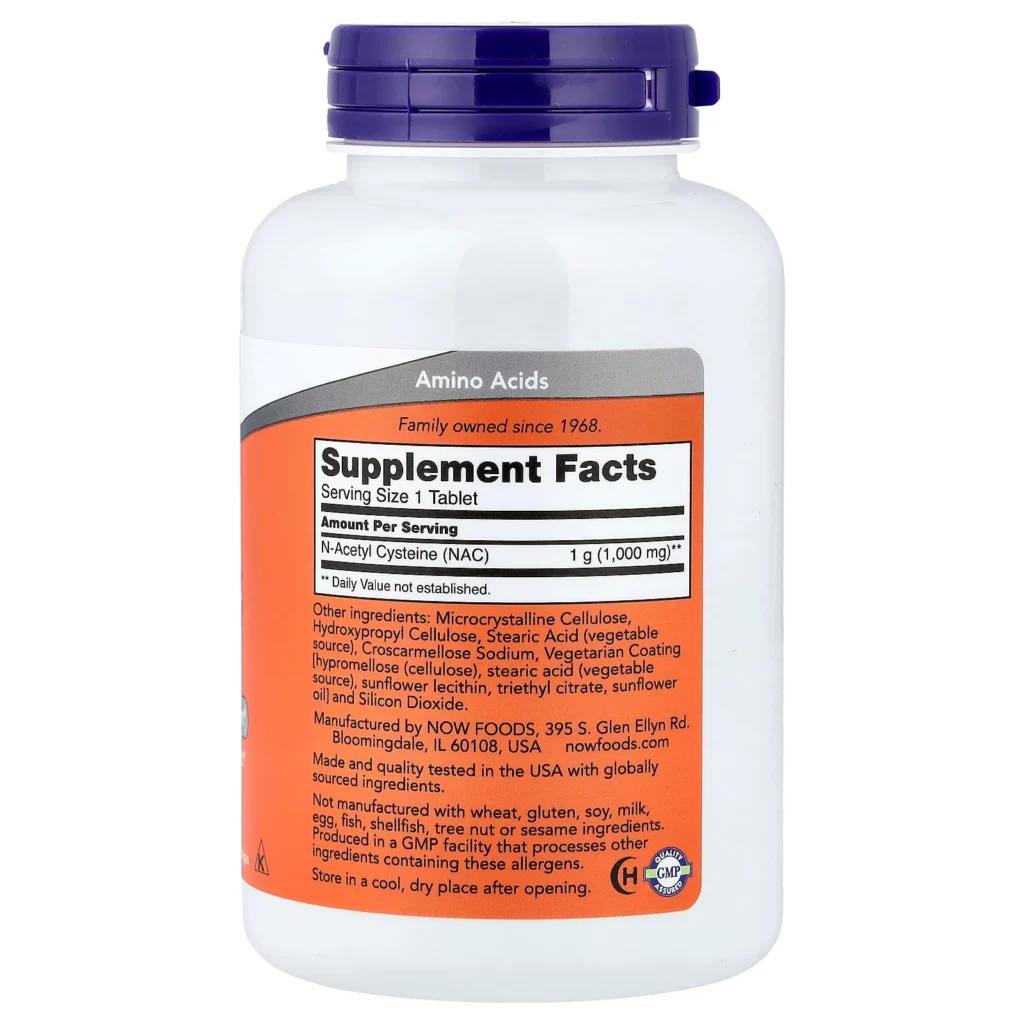 NOW Foods NAC 乙醯半胱胺酸 1,000 毫克 120 片包裝背面及成分與使用標籤