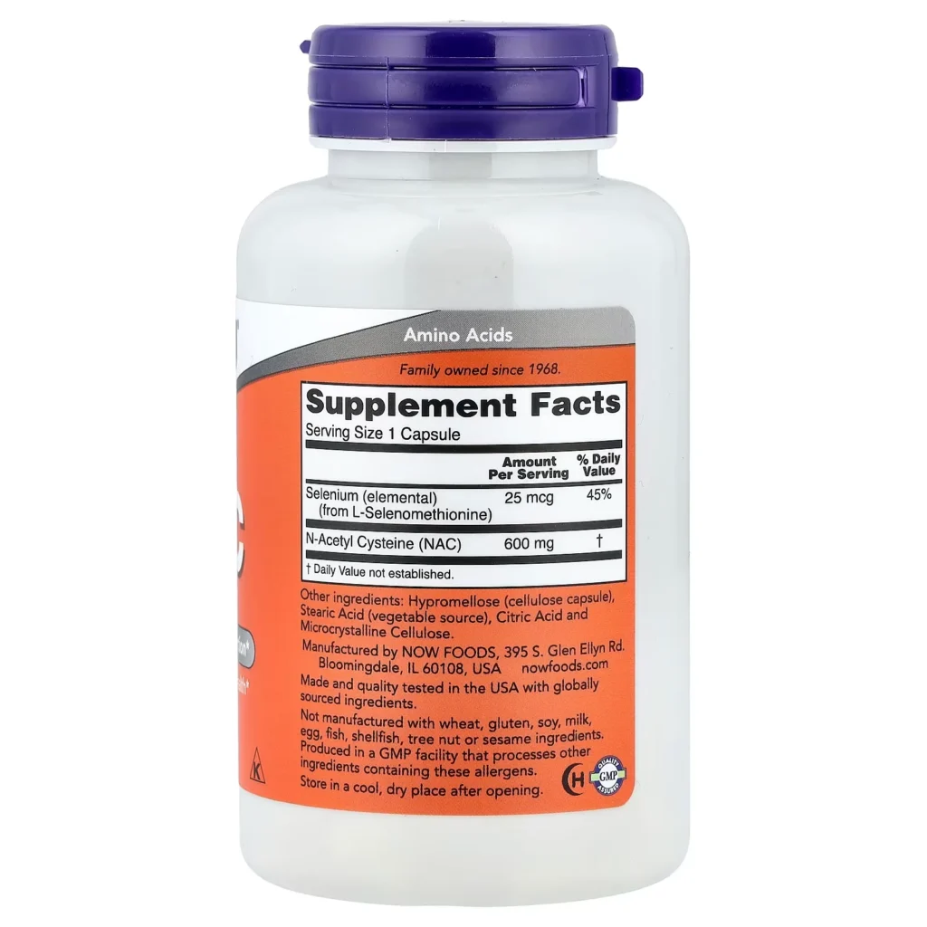NOW Foods NAC 600毫克 含硒100粒膠囊包裝背面及 Supplement Facts 成分標籤