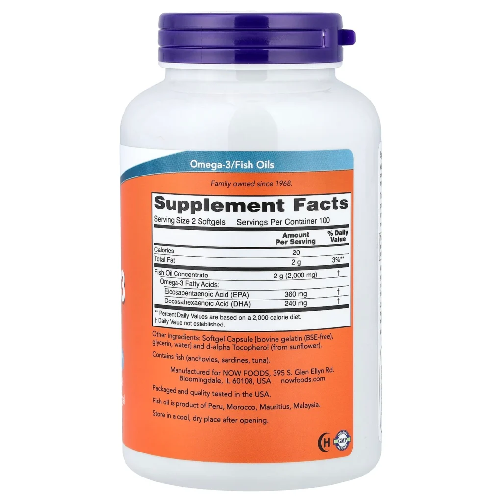 NOW Foods Omega-3 魚油1000毫克200粒軟膠囊包裝背面及成分與使用標籤
