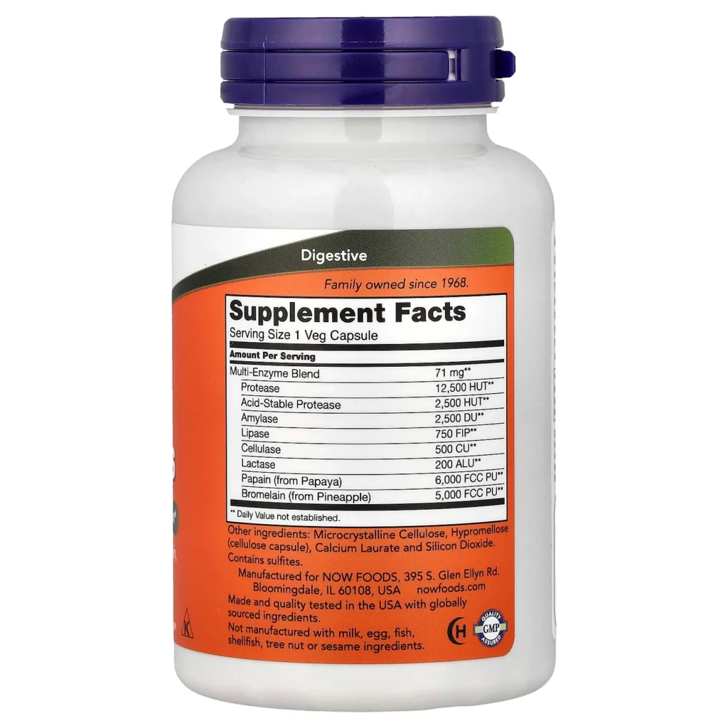 NOW Foods Plant Enzymes植物酵素120粒素食膠囊包裝背面及 Supplement Facts 成分標籤