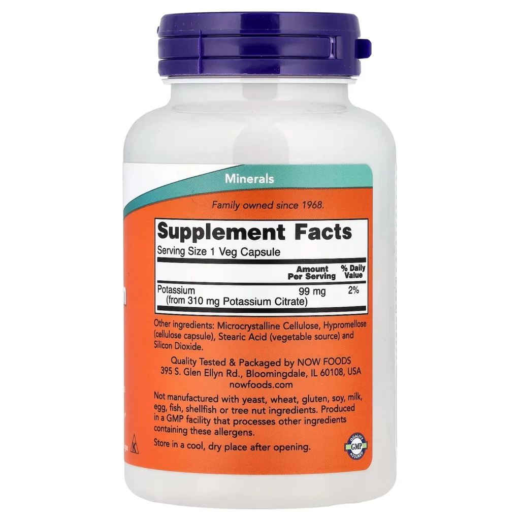 NOW Foods 檸檬酸鉀99毫克 180粒素食膠囊包裝背面及 Supplement Facts 成分標籤