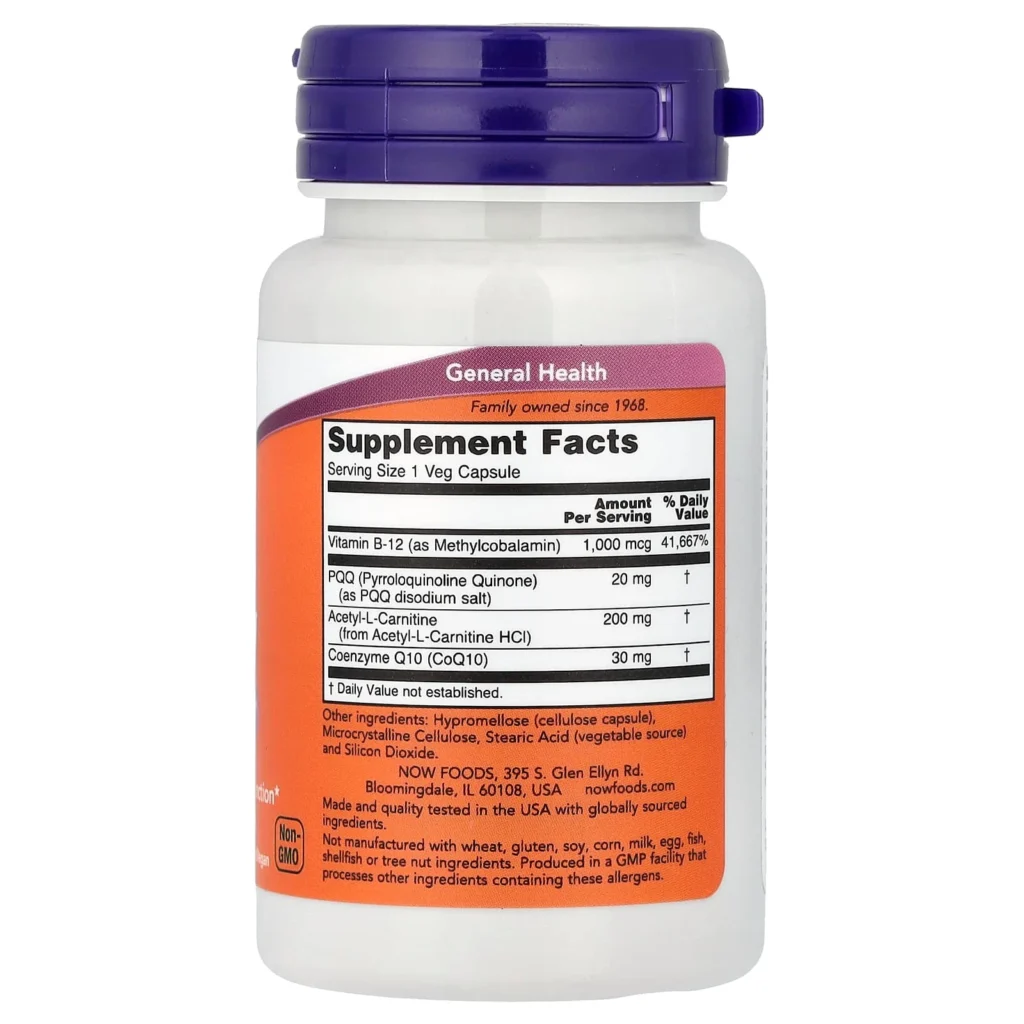 NOW Foods PQQ Energy 複合配方30粒素食膠囊包裝背面及成分與使用標籤