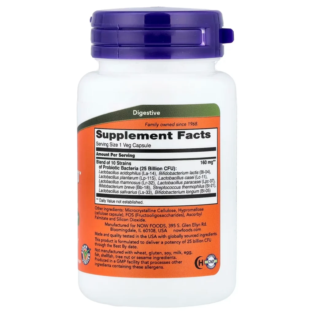 NOW Foods Probiotic-10 250億 50粒素食膠囊 背面成分及營養標籤