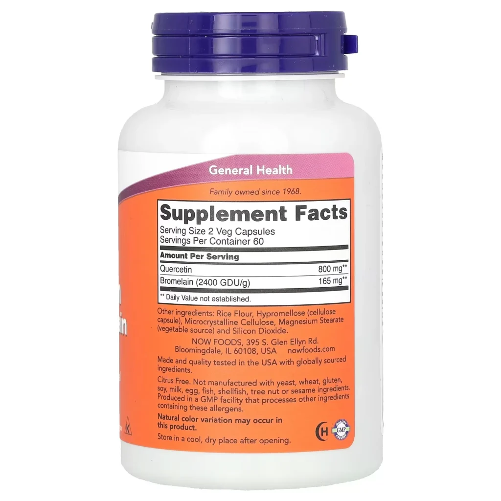 NOW Foods 槲皮素及菠蘿蛋白酶120粒素食膠囊包裝背面及 Supplement Facts 成分標籤