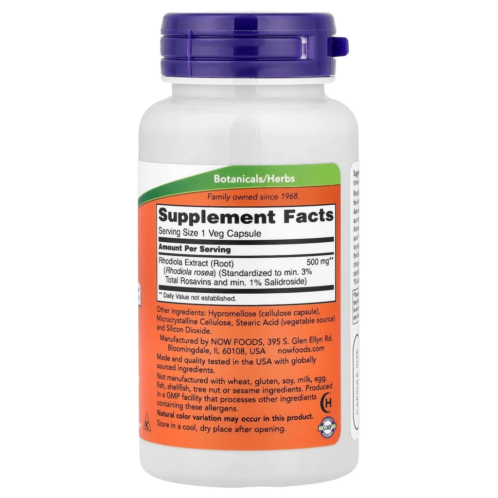 NOW Foods 紅景天萃取物500毫克60粒素食膠囊包裝背面及成分與使用標籤