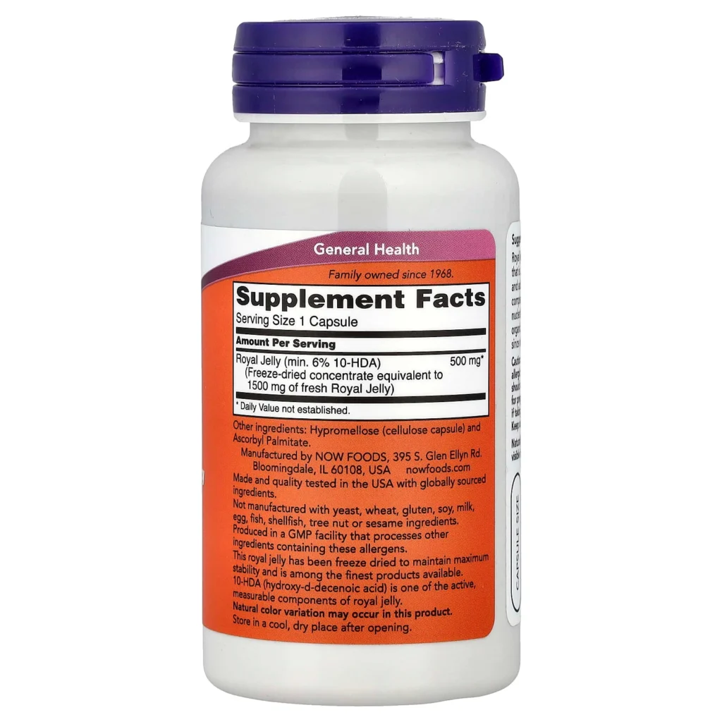 NOW Foods 凍乾蜂王漿500毫克60粒膠囊包裝背面及成分與使用標籤