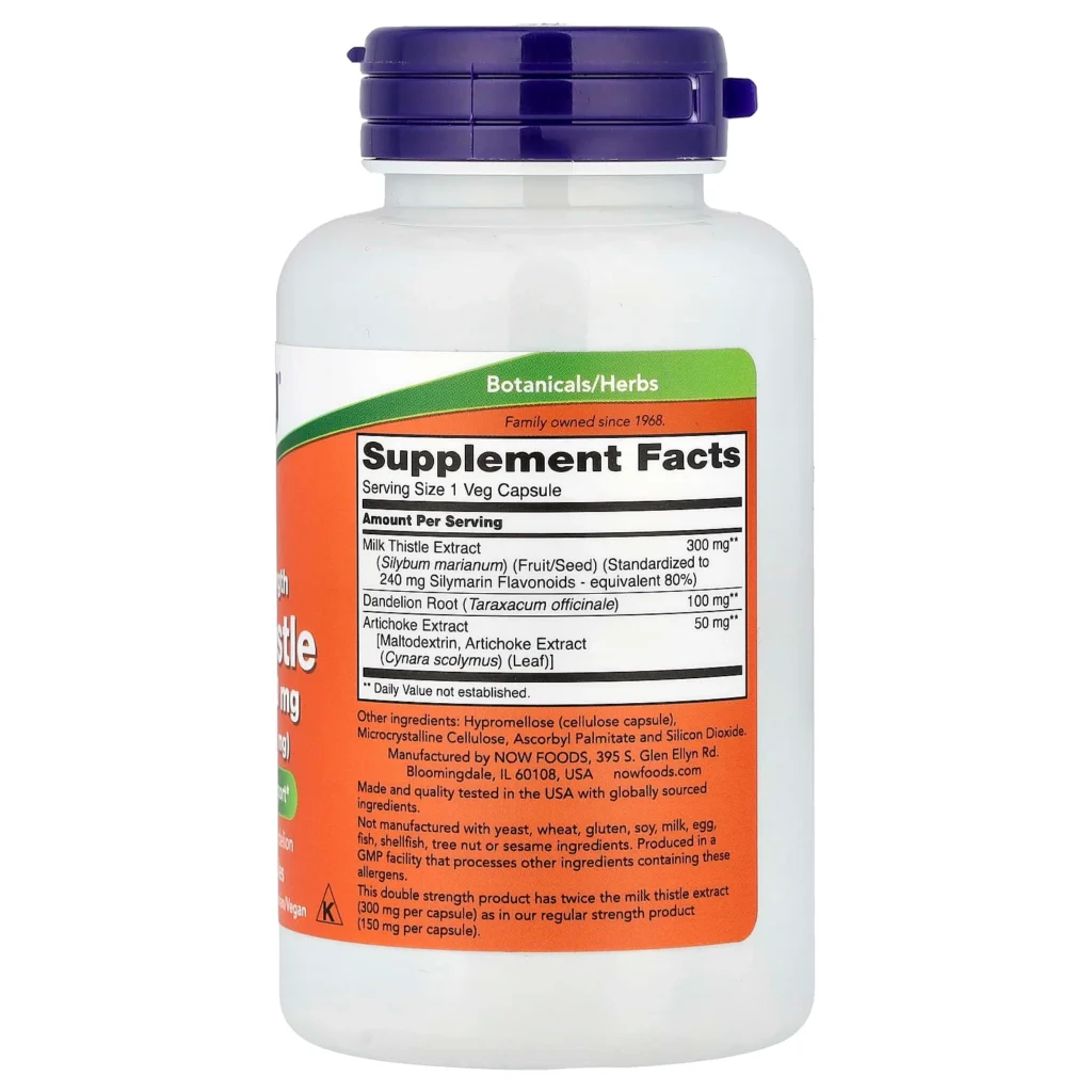 NOW Foods 水飛薊萃取300毫克 100粒素食膠囊 背面成分及營養標籤