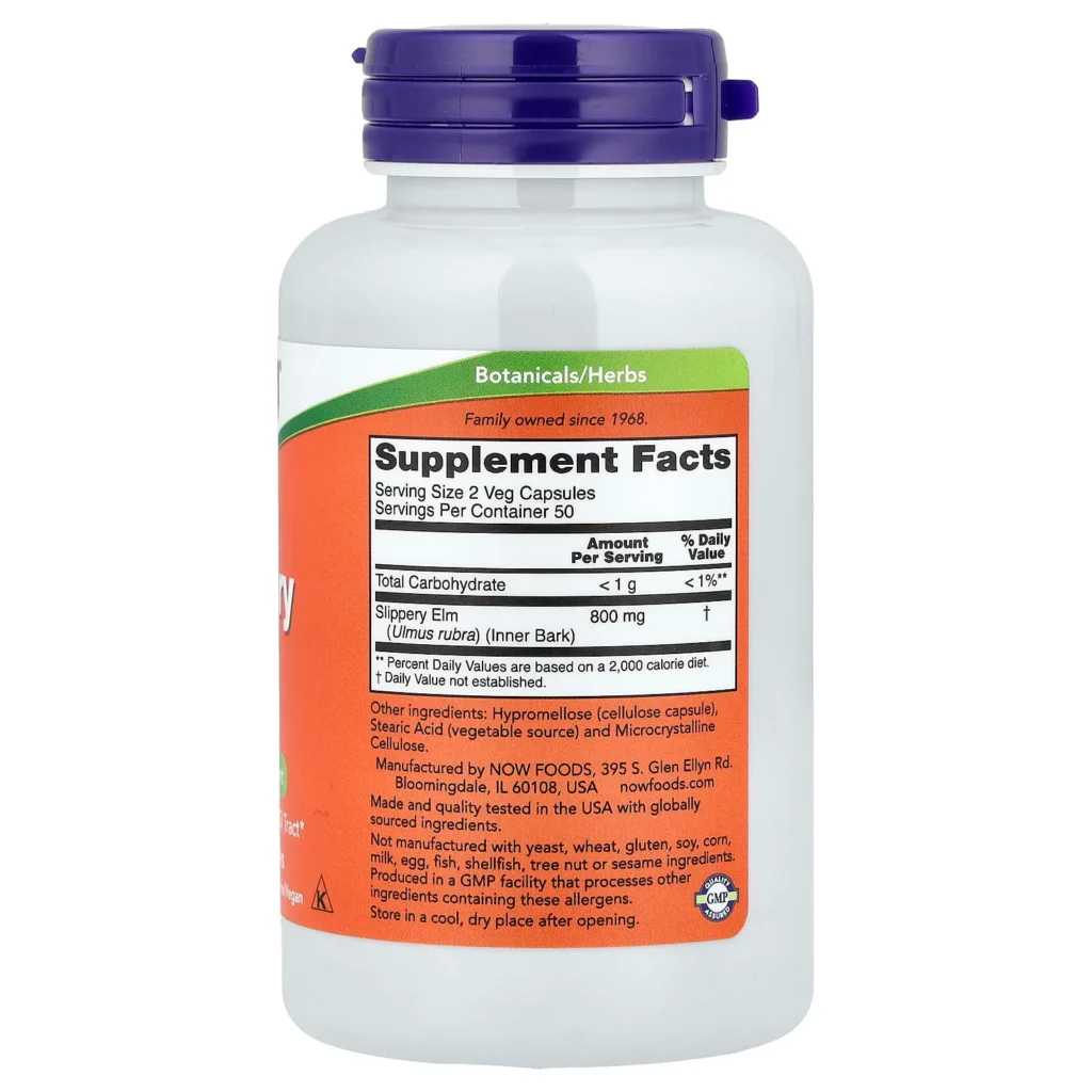NOW Foods 紅榆樹皮400毫克100粒素食膠囊包裝背面及 Supplement Facts 成分標籤