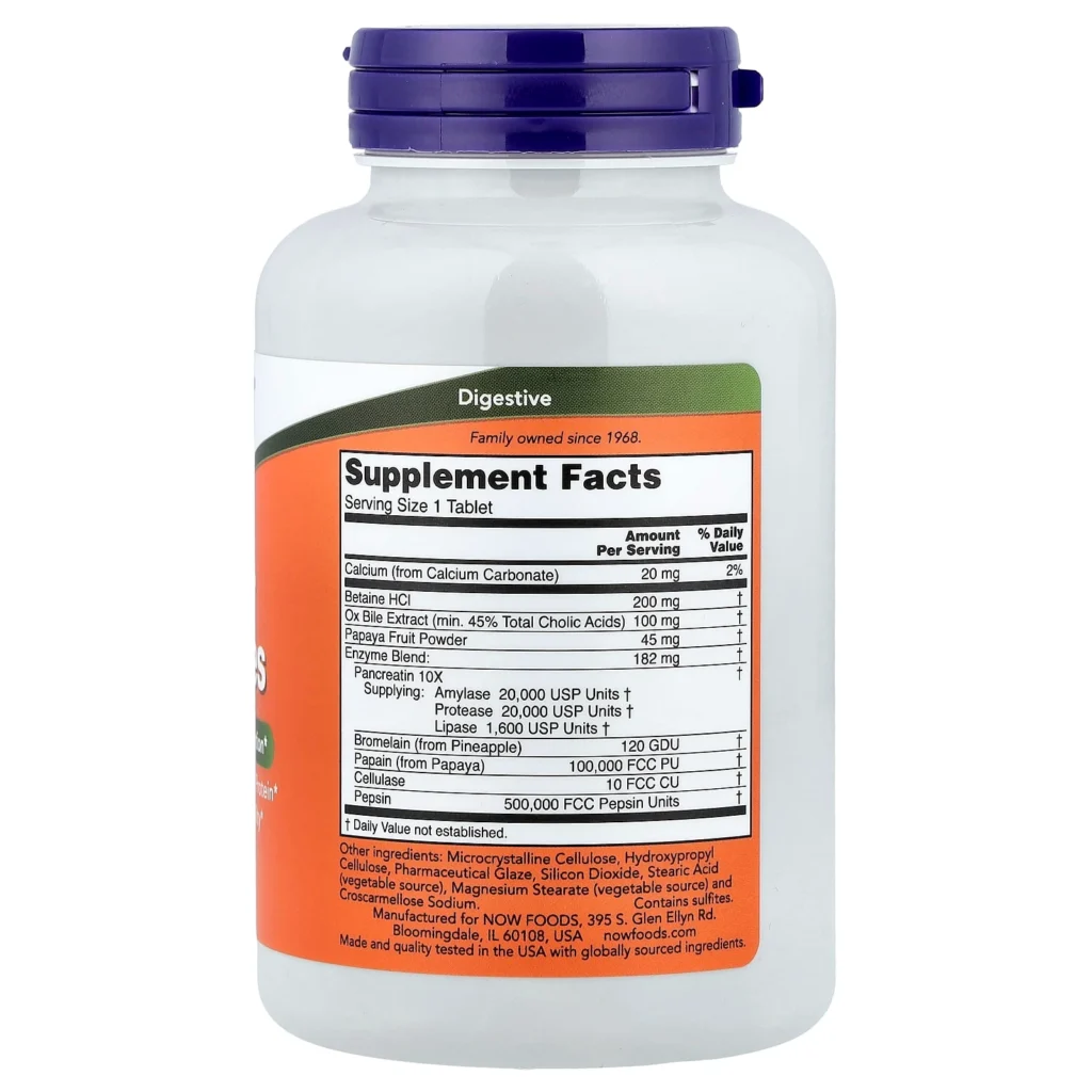 NOW Foods Super Enzymes 綜合消化酵素180片包裝背面及成分與使用標籤