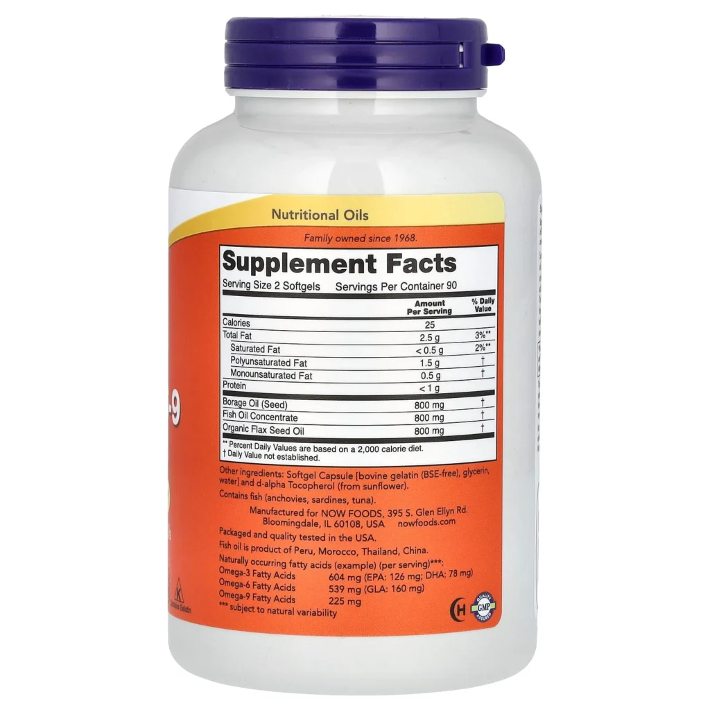 NOW Foods Super Omega 3-6-9 1200毫克180粒軟膠囊包裝背面及成分與使用標籤